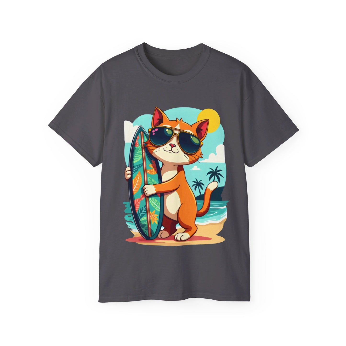 Cute Cat at the Beach Cartoon Unisex Organic T-Shirt