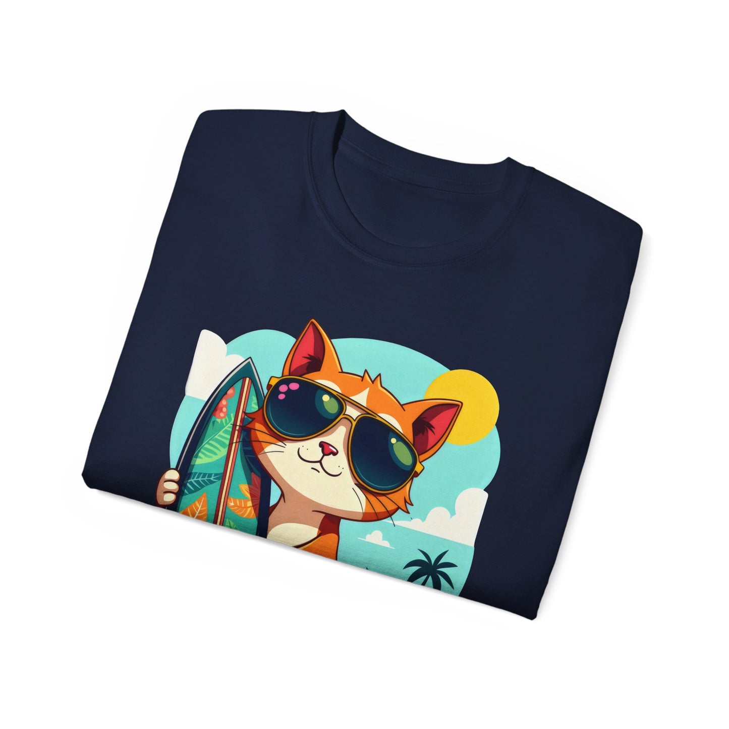 Cute Cat at the Beach Cartoon Unisex Organic T-Shirt