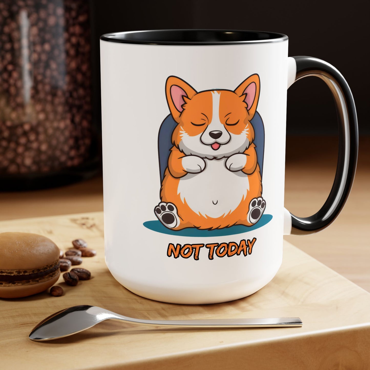 Cute Funny Dog Cartoon Corgi Not Today Meme Two-Tone Coffee Mugs, 15oz