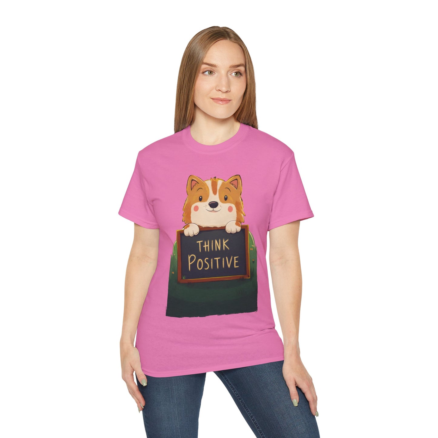 Cute Dog Cartoon Organic T-Shirt - Think Positive Quote