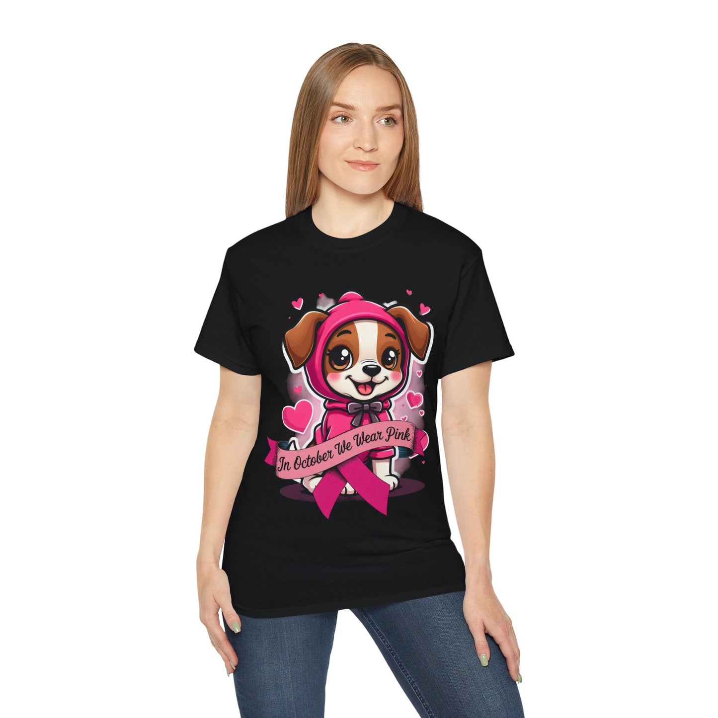 Cute Dog Cartoon In October We Wear Pink Unisex Organic T-Shirt