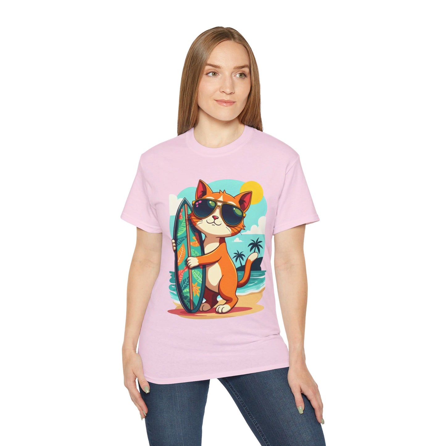 Cute Cat at the Beach Cartoon Unisex Organic T-Shirt