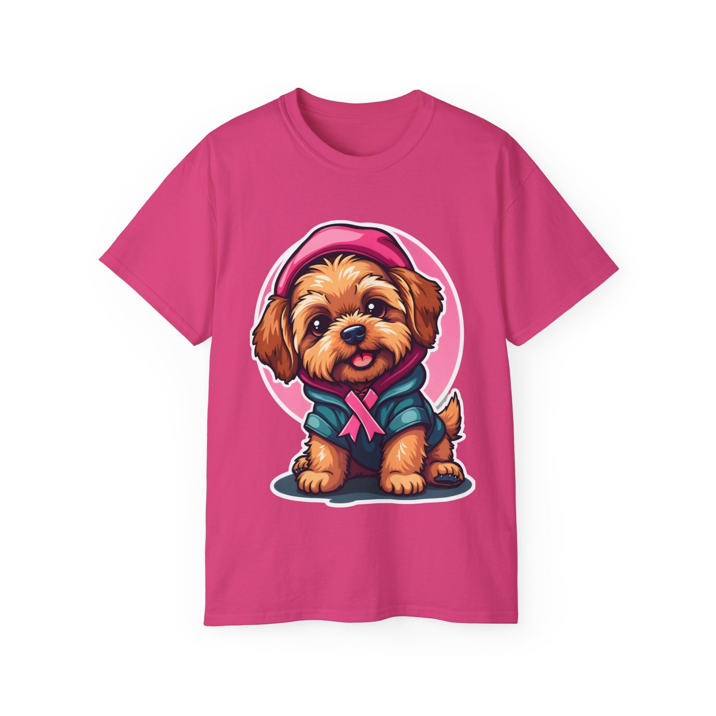 Poodle Dog Cartoon Pink Ribbon Breast Cancer Awareness Unisex Organic T-Shirt