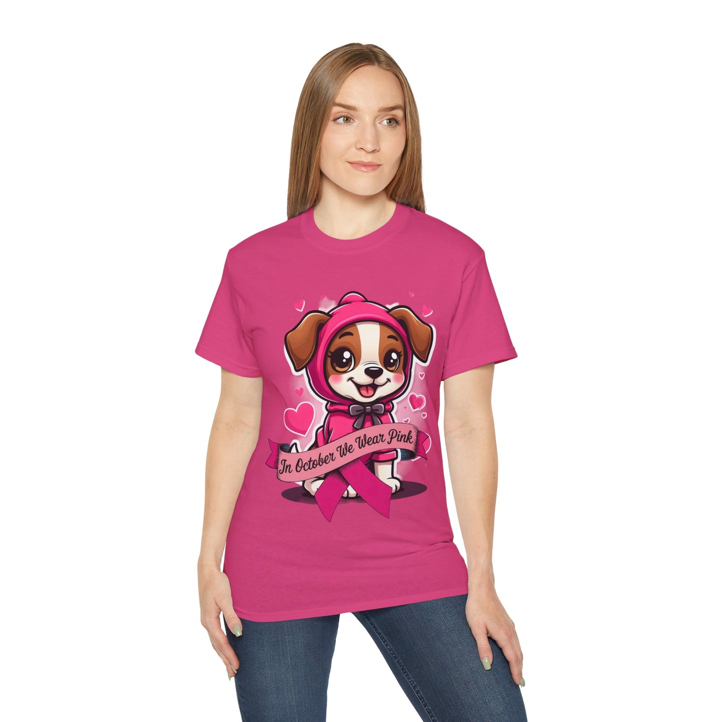 Cute Dog Cartoon In October We Wear Pink Unisex Organic T-Shirt