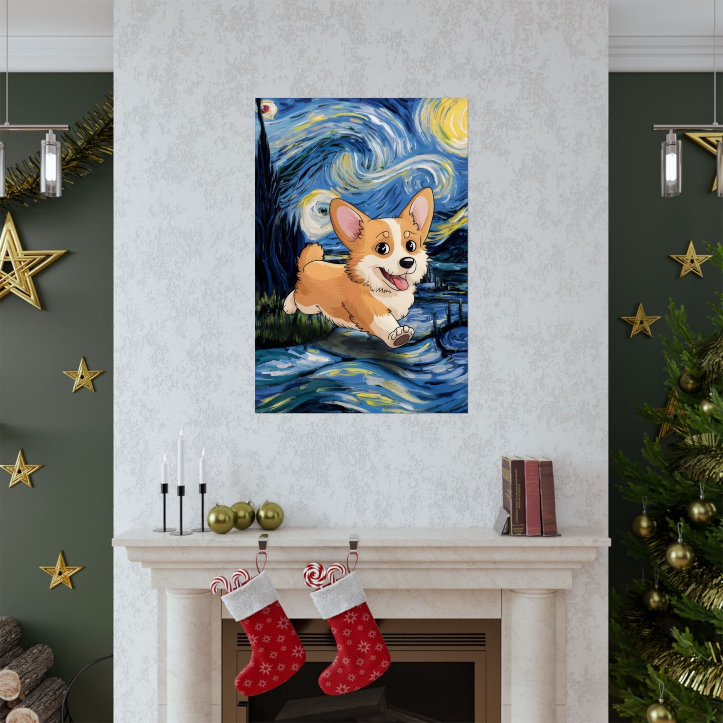 Cute Corgi Van Gogh Starry Night Matte Vertical Posters