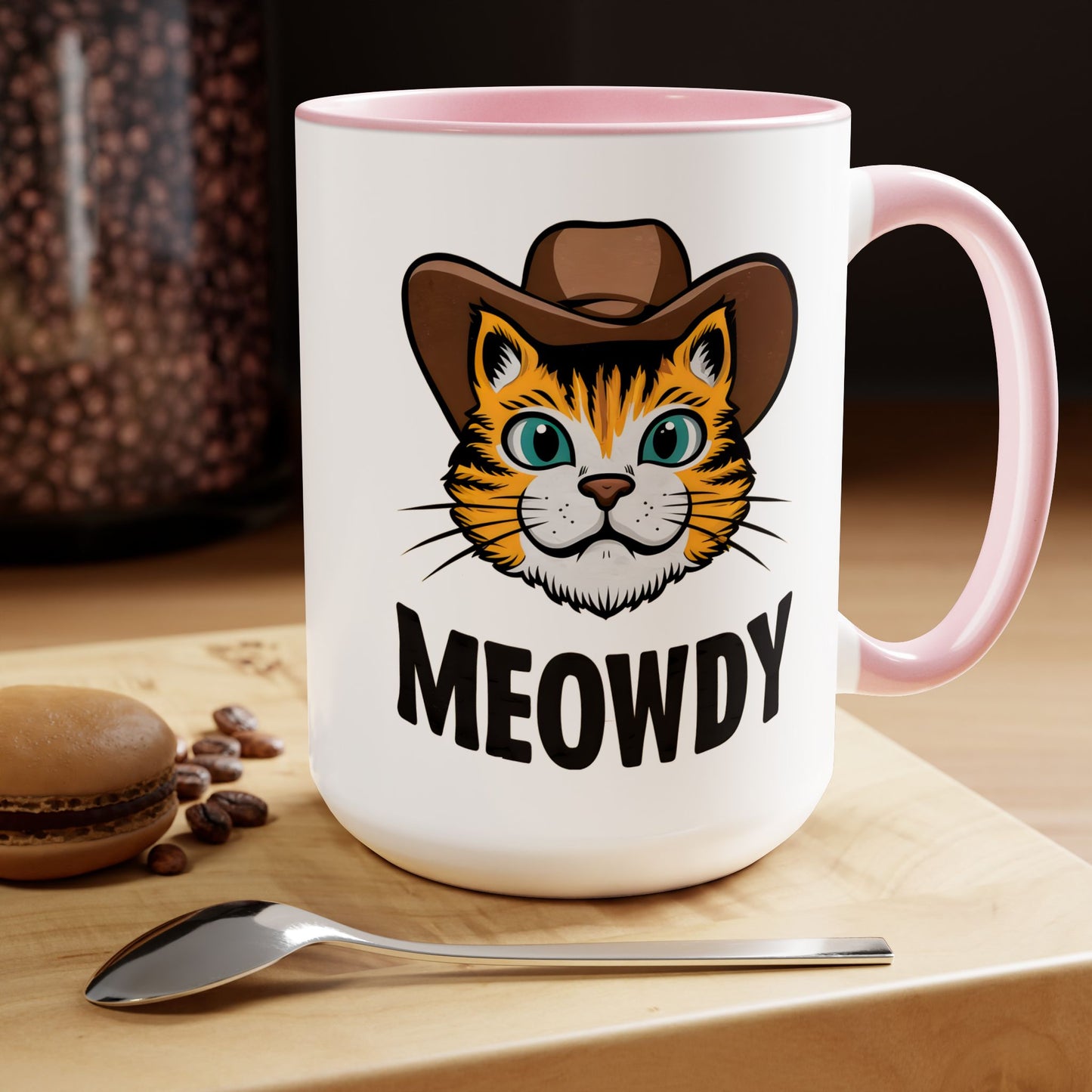 Cute Funny Cat Cartoon Meowdy Meme Two-Tone Coffee Mugs, 15oz