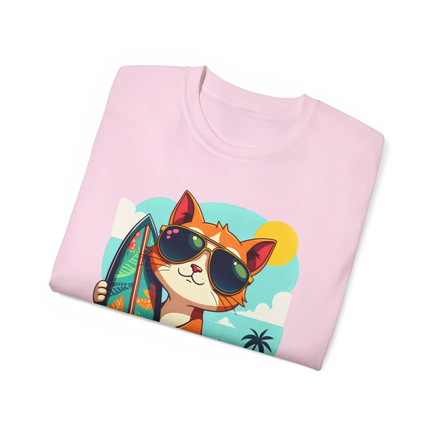 Cute Cat at the Beach Cartoon Unisex Organic T-Shirt