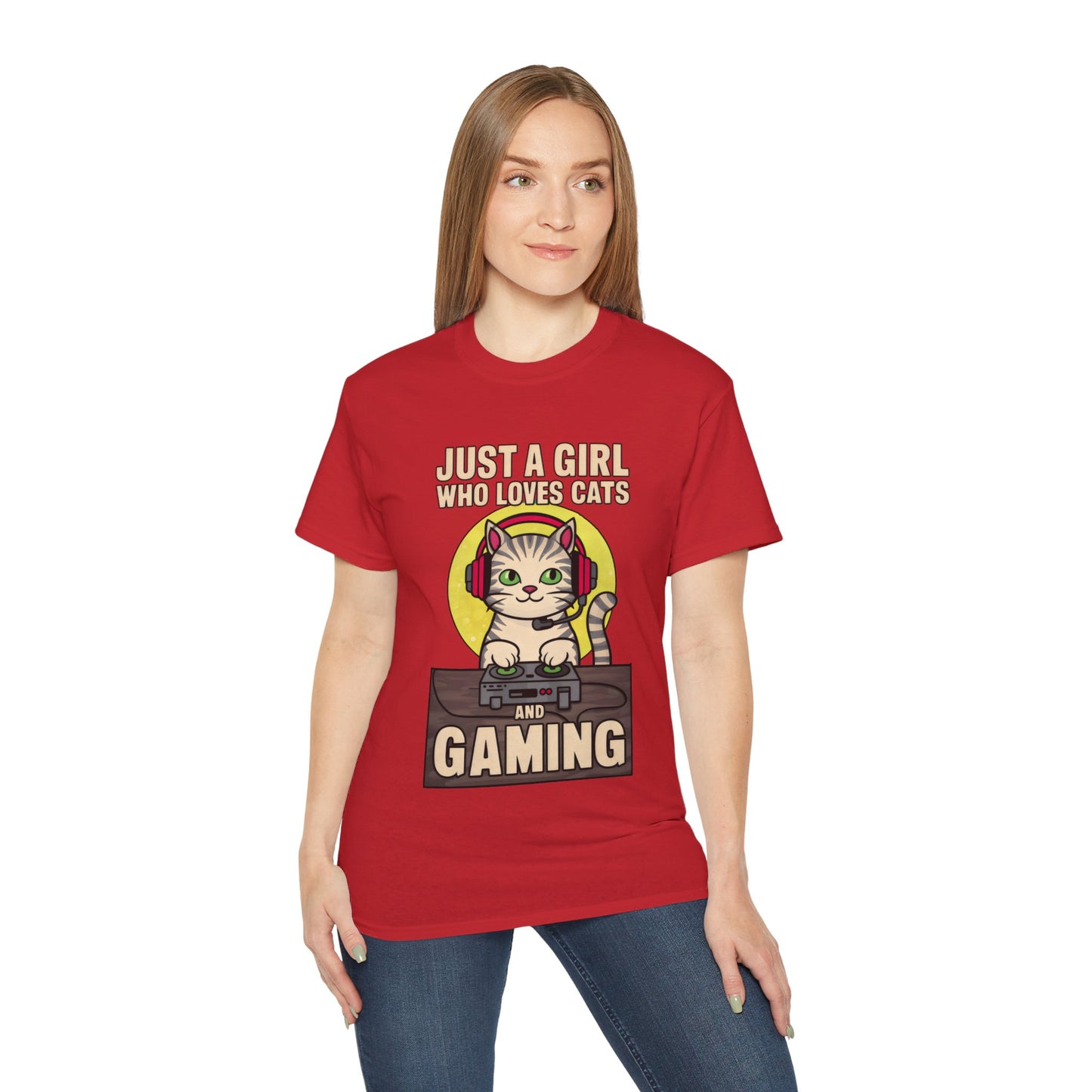 Cute Cartoon Just a Girl Who Loves Cats and Gaming Meme Organic T-Shirt