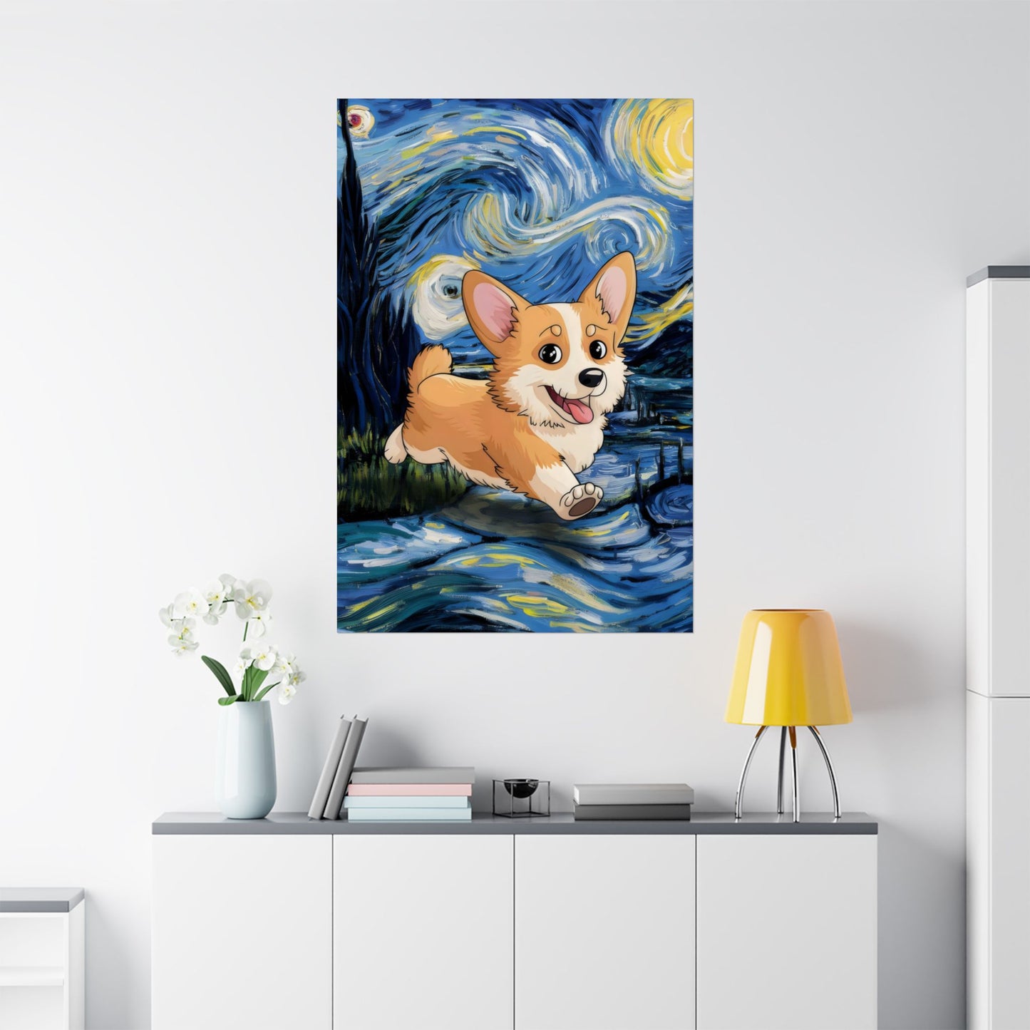 Cute Corgi Van Gogh Starry Night Matte Vertical Posters