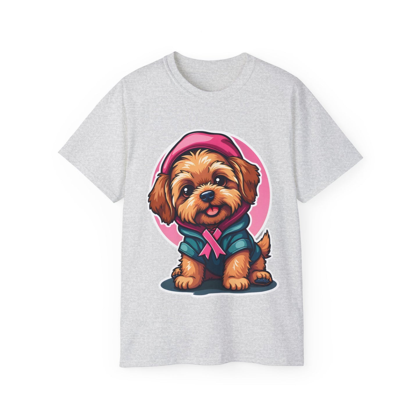 Poodle Dog Cartoon Pink Ribbon Breast Cancer Awareness Unisex Organic T-Shirt