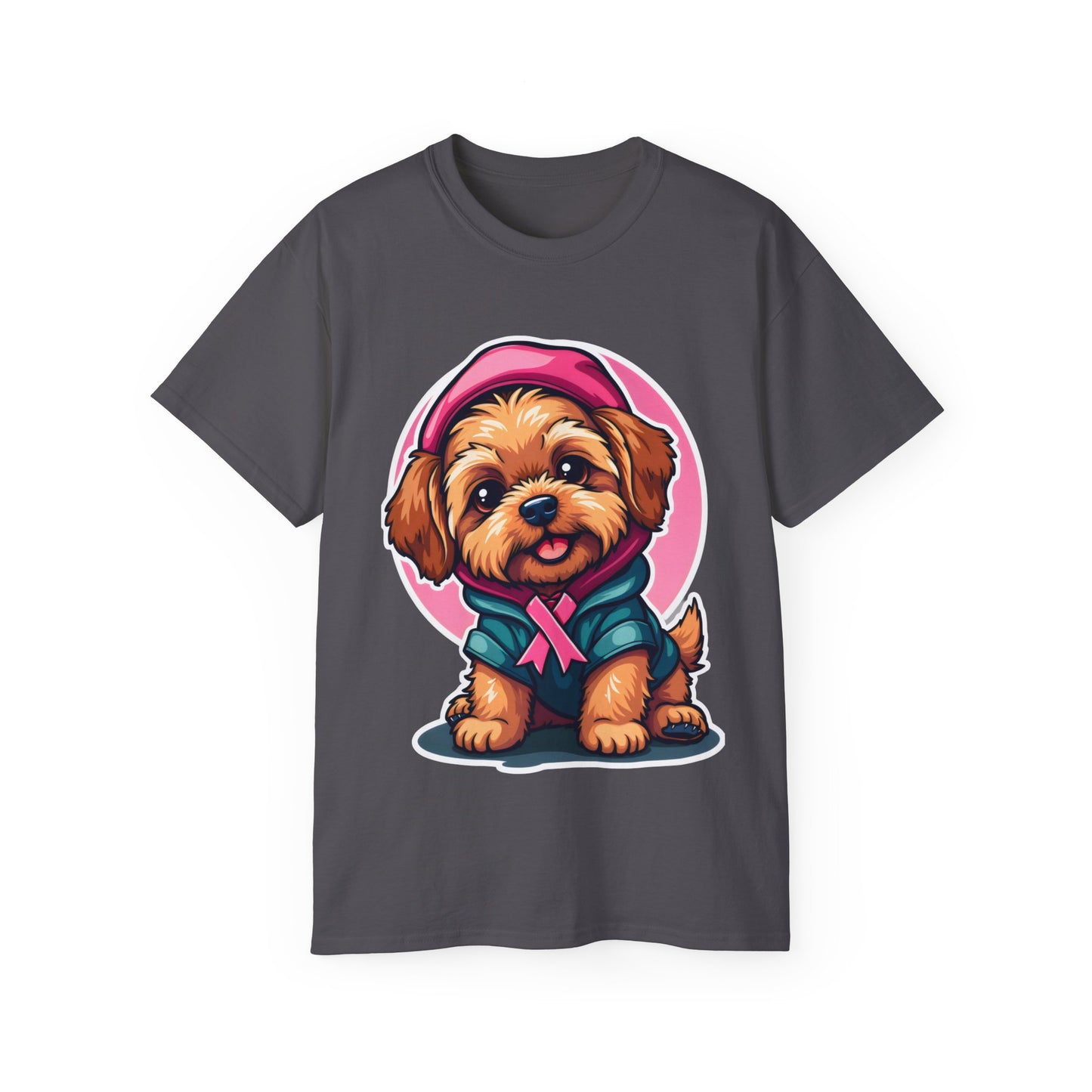 Poodle Dog Cartoon Pink Ribbon Breast Cancer Awareness Unisex Organic T-Shirt