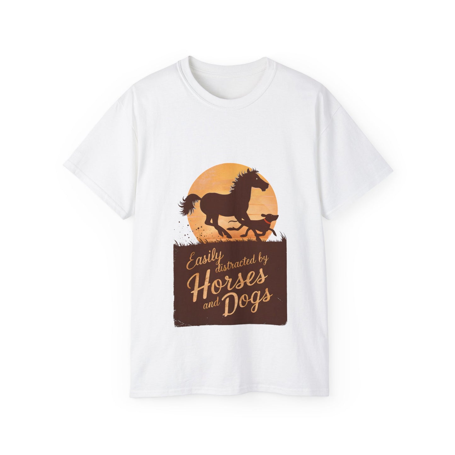 Cute Illustration Easily Distracted by Horses and Dogs Unisex Organic T-Shirt