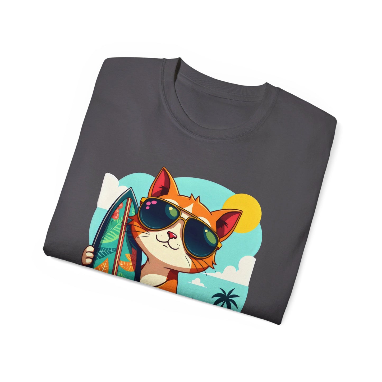 Cute Cat at the Beach Cartoon Unisex Organic T-Shirt