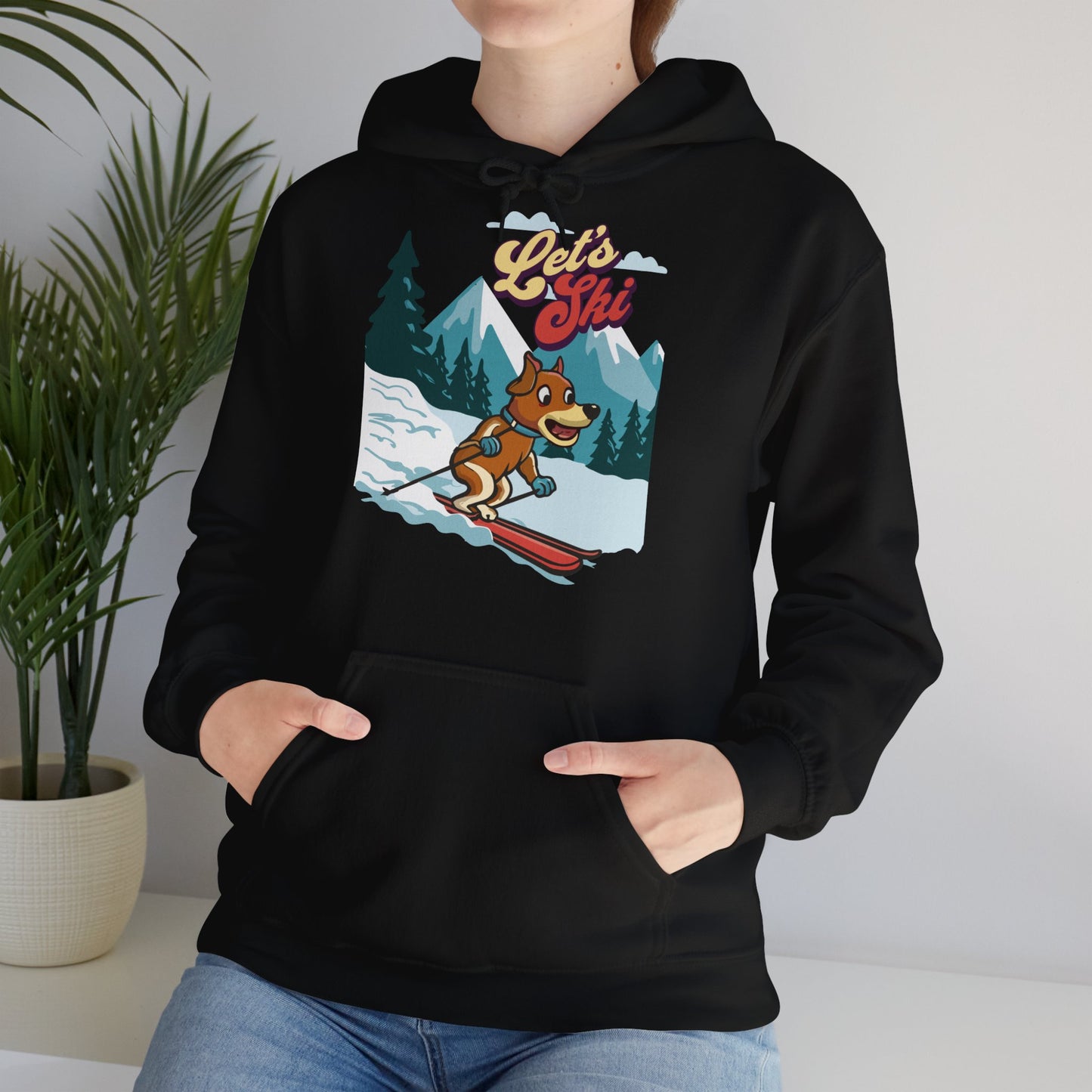 Cute Funny Dog Cartoon Let's Ski Unisex Hooded Sweatshirt