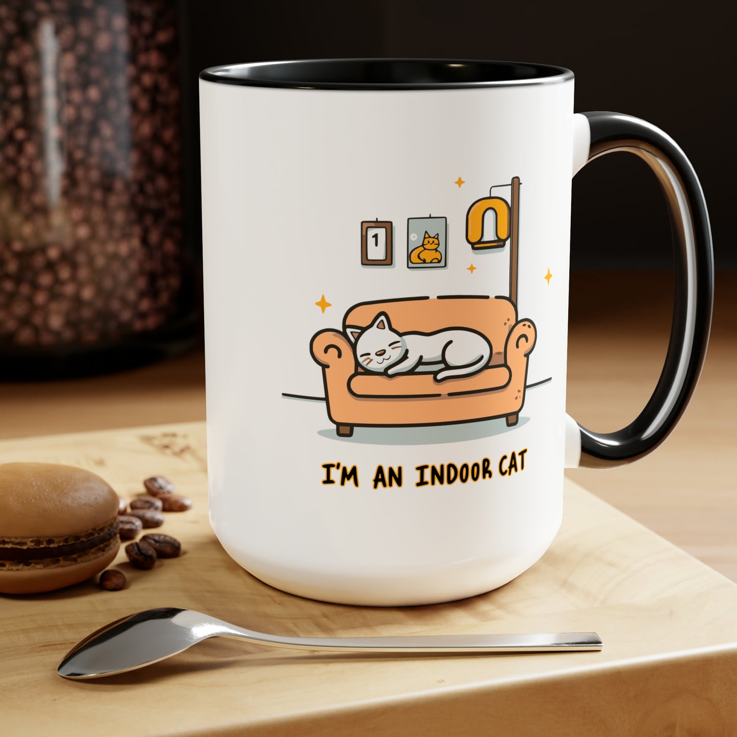 Cute Funny I'm an Indoor Cat Meme Cartoon Two-Tone Coffee Mugs, 15oz