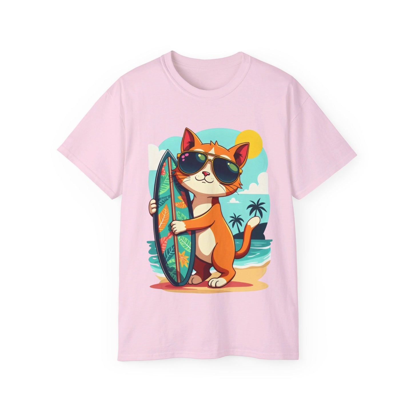 Cute Cat at the Beach Cartoon Unisex Organic T-Shirt