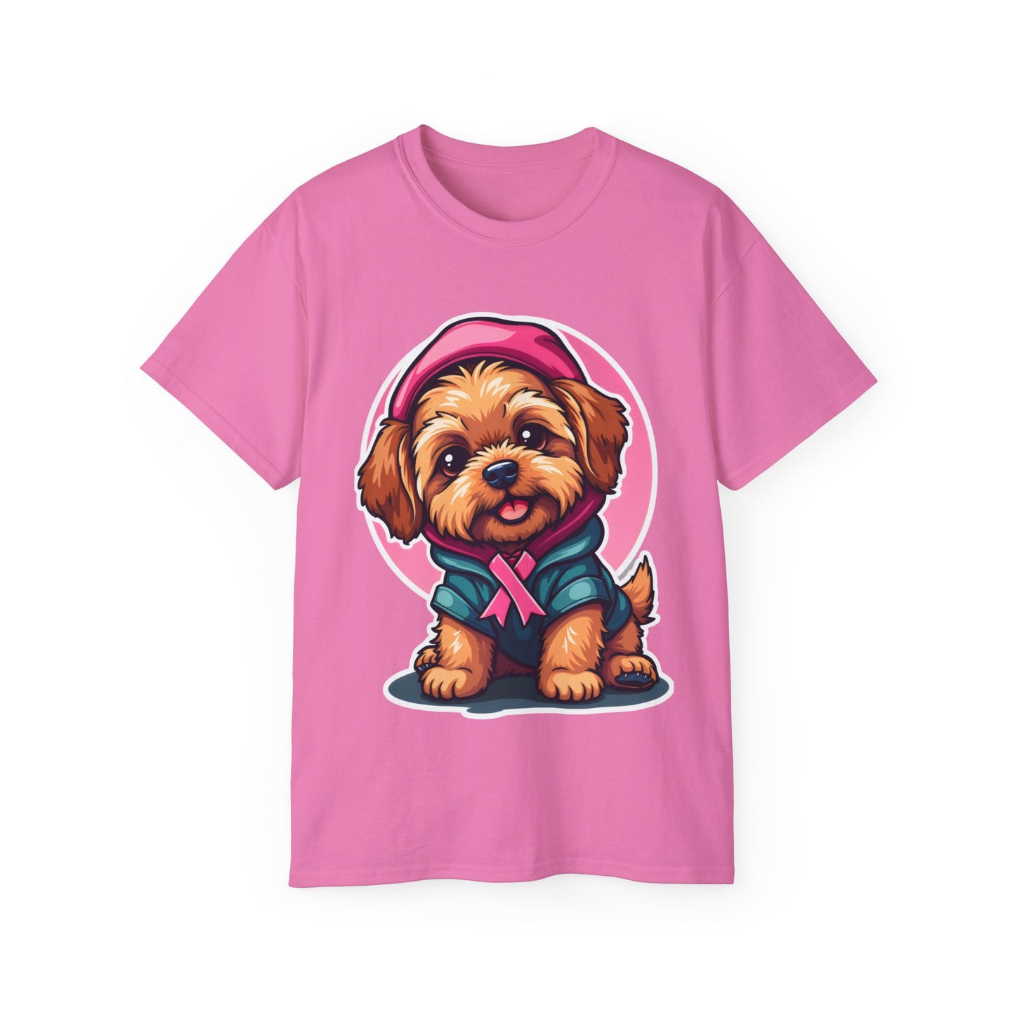 Poodle Dog Cartoon Pink Ribbon Breast Cancer Awareness Unisex Organic T-Shirt