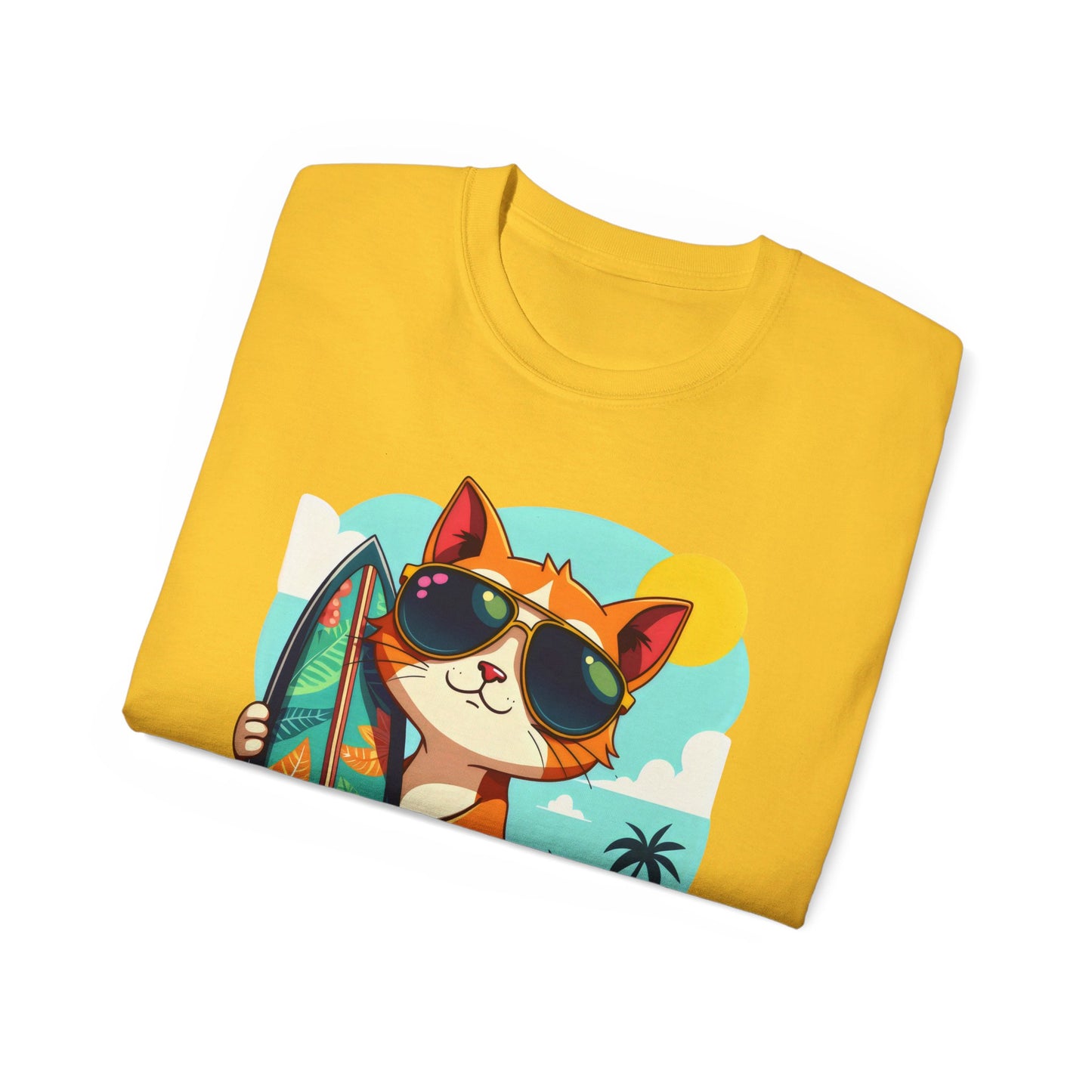 Cute Cat at the Beach Cartoon Unisex Organic T-Shirt