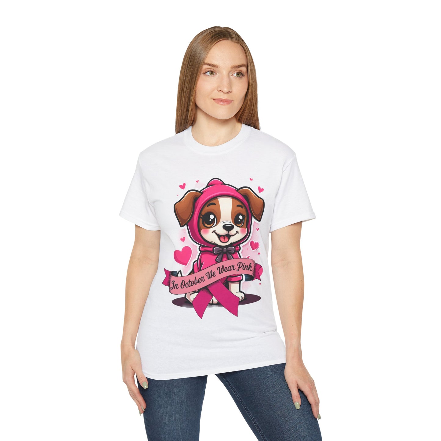 Cute Dog Cartoon In October We Wear Pink Unisex Organic T-Shirt