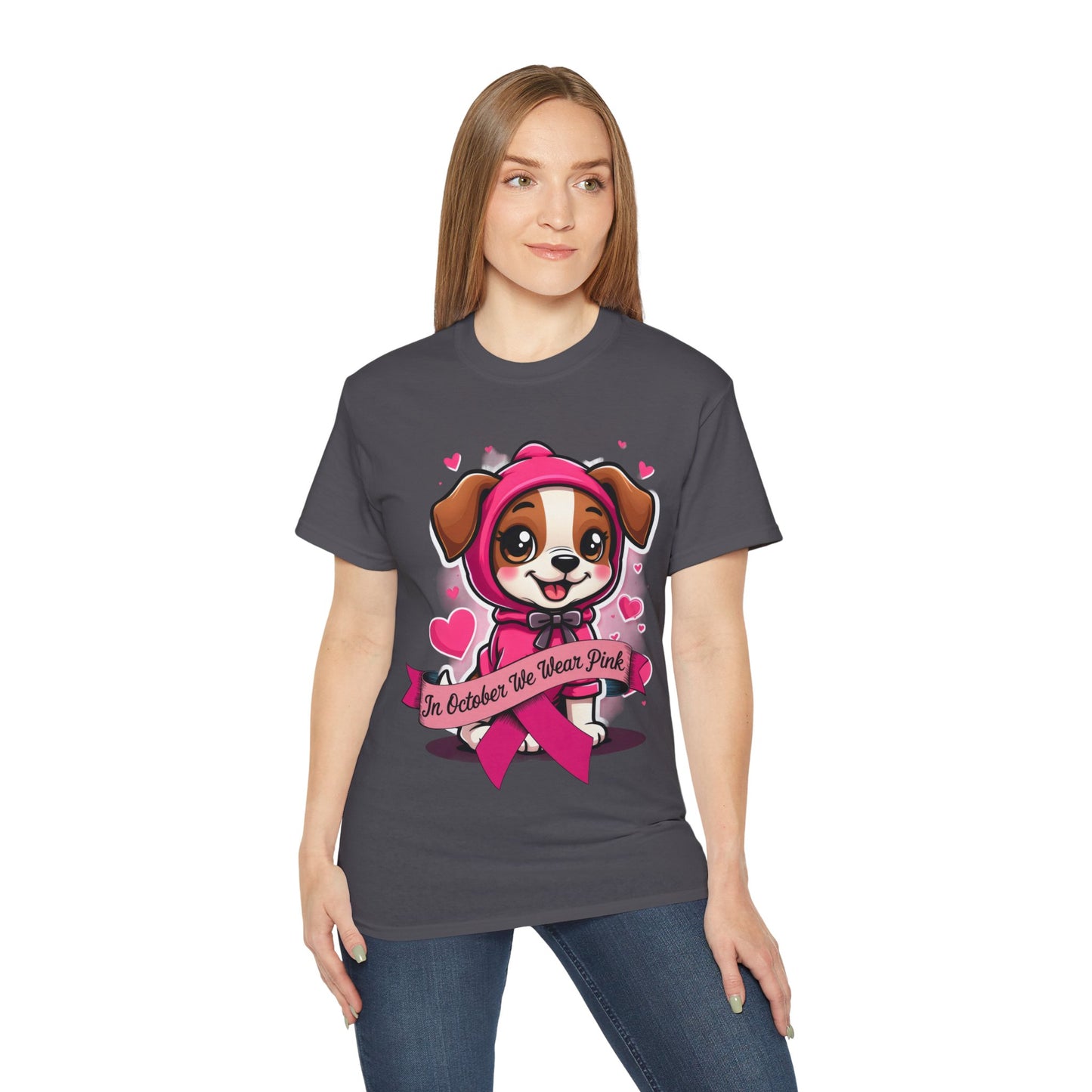 Cute Dog Cartoon In October We Wear Pink Unisex Organic T-Shirt