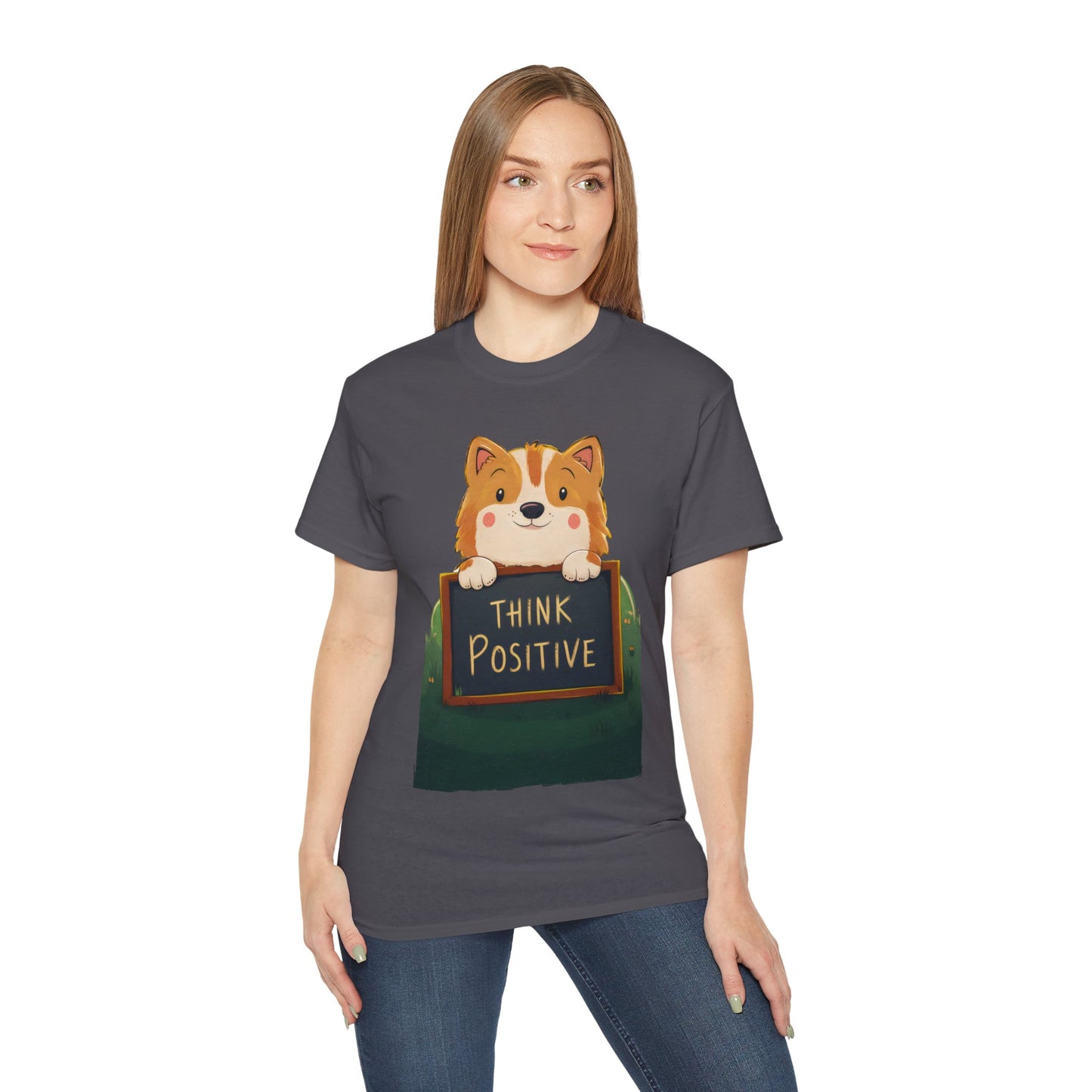 Cute Dog Cartoon Organic T-Shirt - Think Positive Quote