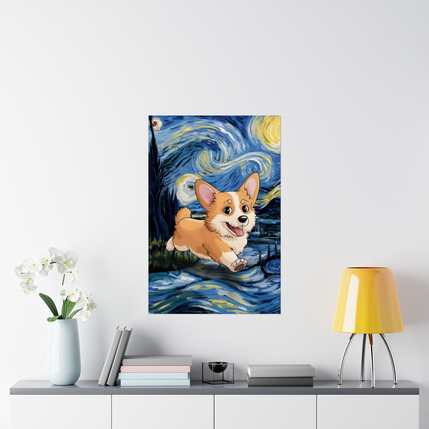 Cute Corgi Van Gogh Starry Night Matte Vertical Posters