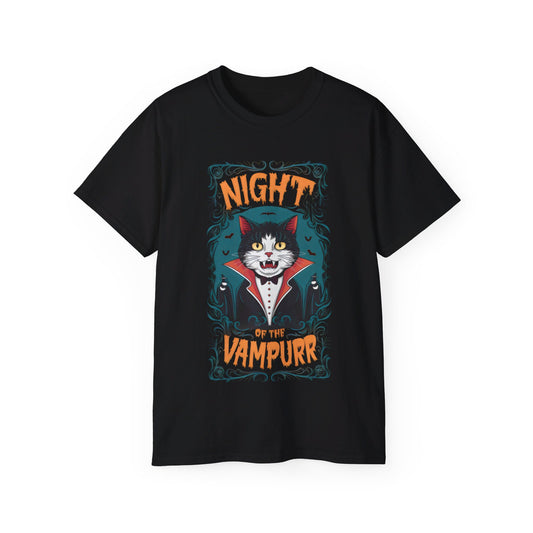 Cute Cat Cartoon Night of the Vampurr Unisex Organic T-Shirt