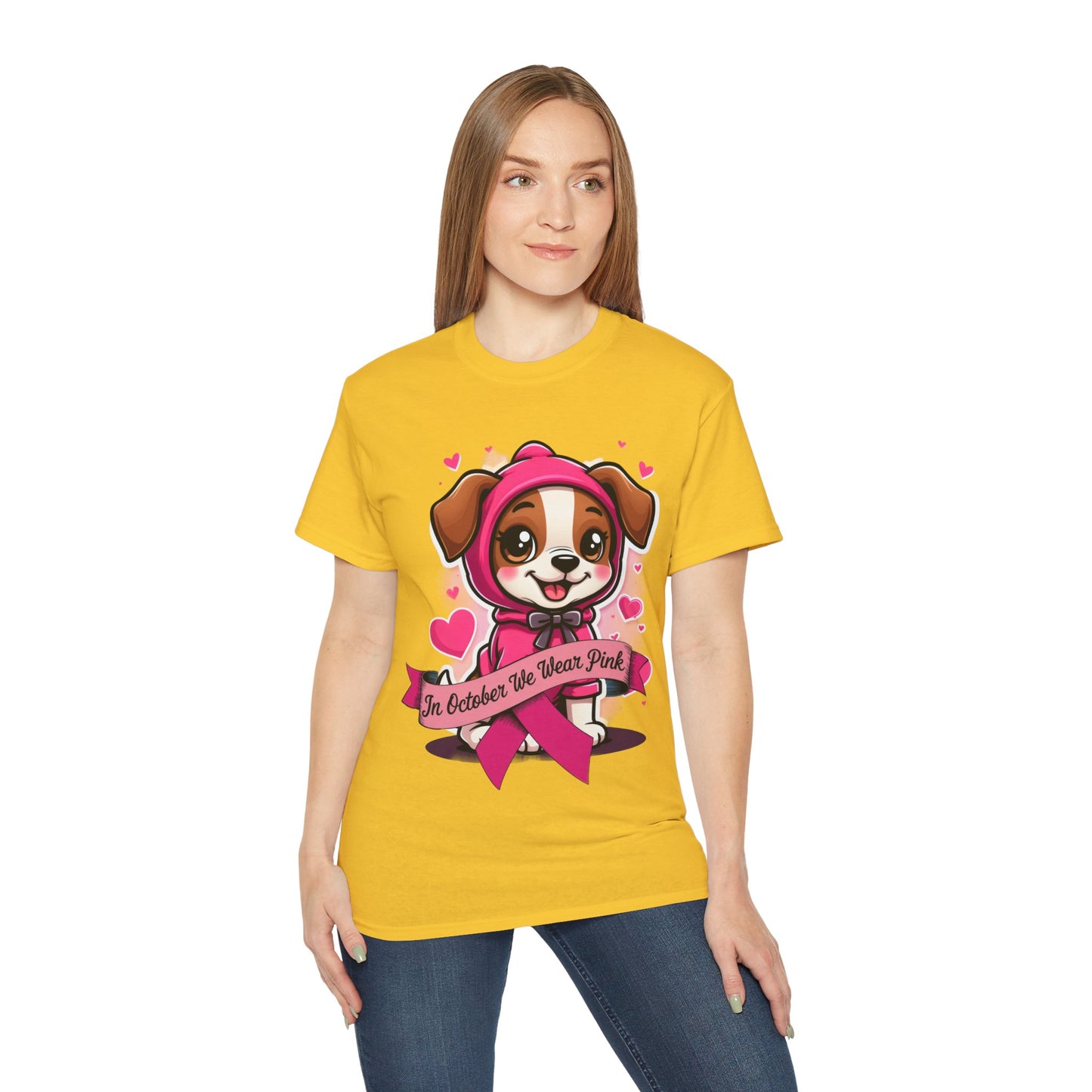 Cute Dog Cartoon In October We Wear Pink Unisex Organic T-Shirt