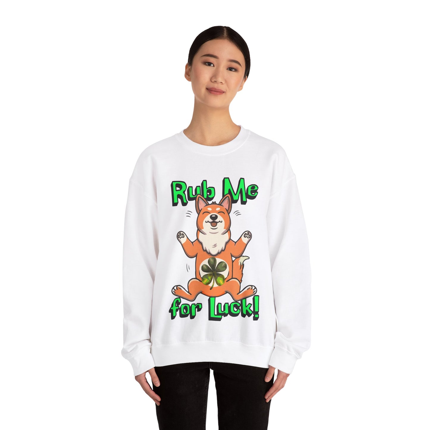 Cute Dog Cartoon St Patrick's Day Rub Me for Luck Crewneck Sweatshirt