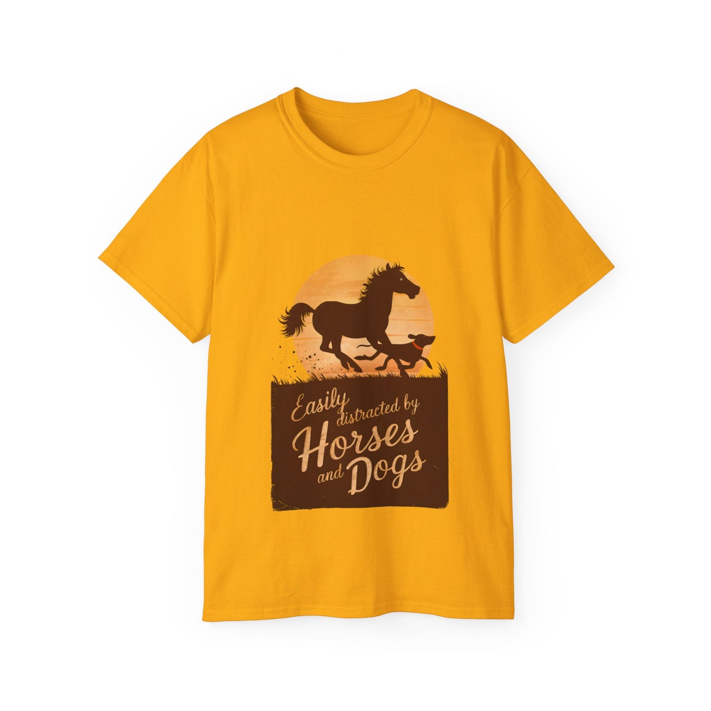 Cute Illustration Easily Distracted by Horses and Dogs Unisex Organic T-Shirt