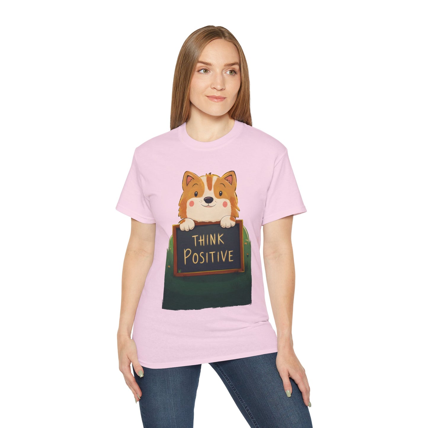 Cute Dog Cartoon Organic T-Shirt - Think Positive Quote