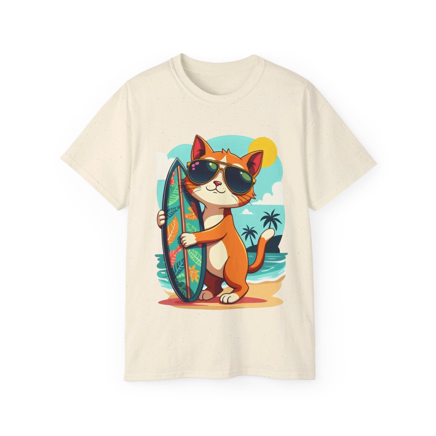 Cute Cat at the Beach Cartoon Unisex Organic T-Shirt