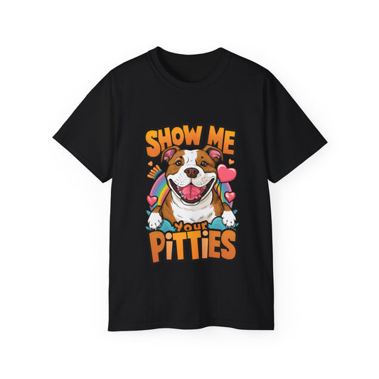 Cute Funny Dog Cartoon Show Me Your Pitties Meme Unisex Organic T-Shirt
