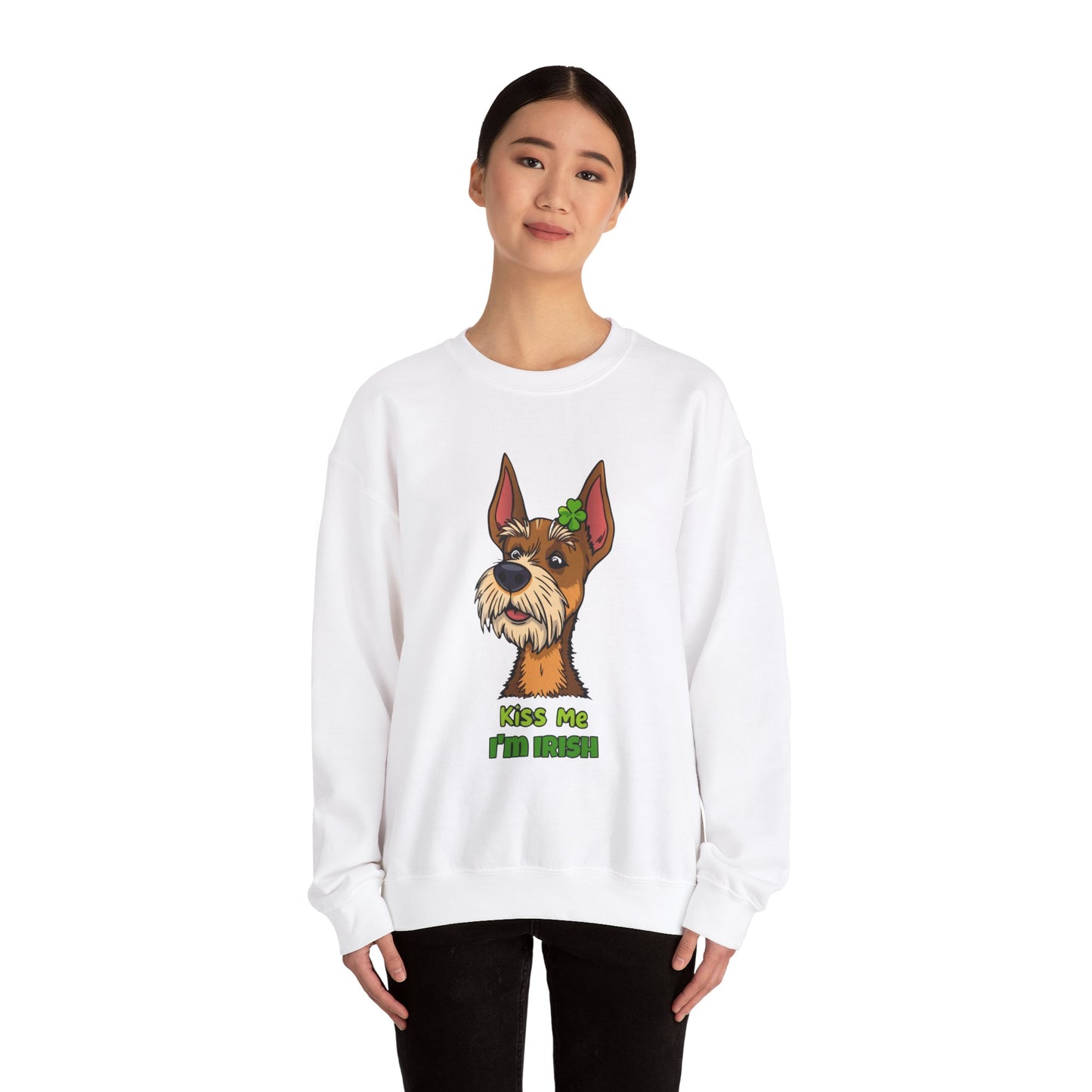 Cute Dog Cartoon Irish Terrier Kiss Me I'm Irish Meme Crewneck Sweatshirt