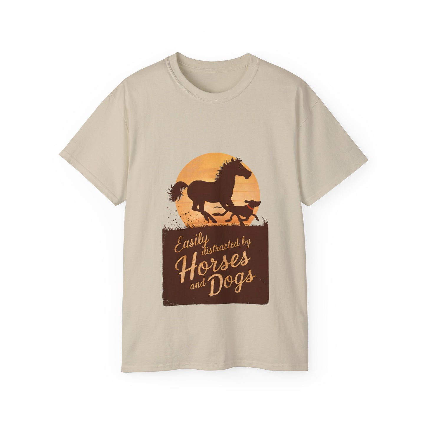 Cute Illustration Easily Distracted by Horses and Dogs Unisex Organic T-Shirt