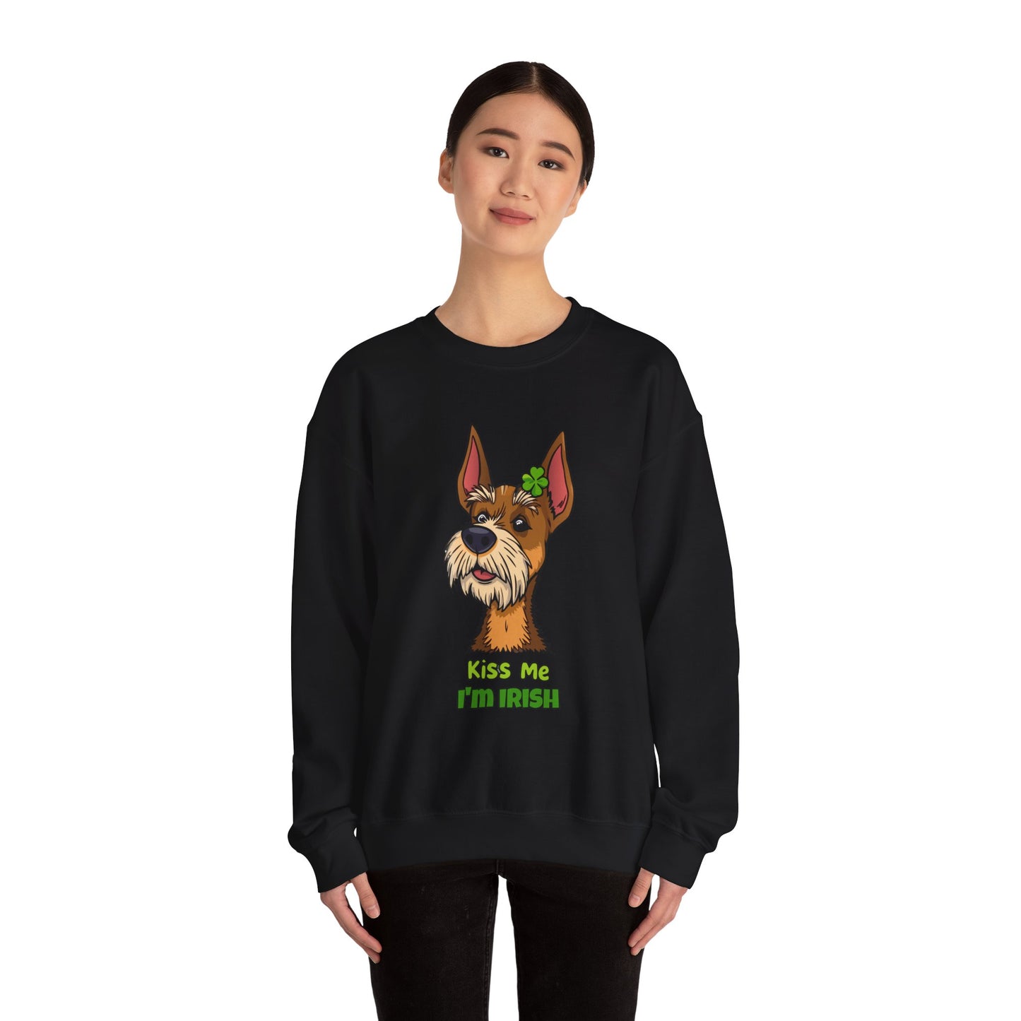 Cute Dog Cartoon Irish Terrier Kiss Me I'm Irish Meme Crewneck Sweatshirt