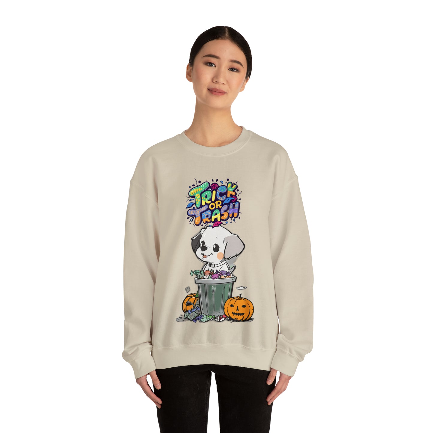 Cute Funny Trick or Trash Dog Unisex Crewneck Sweatshirt