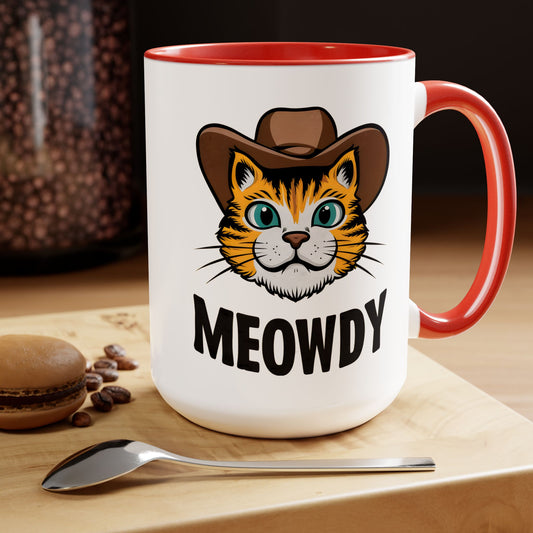 Cute Funny Cat Cartoon Meowdy Meme Two-Tone Coffee Mugs, 15oz