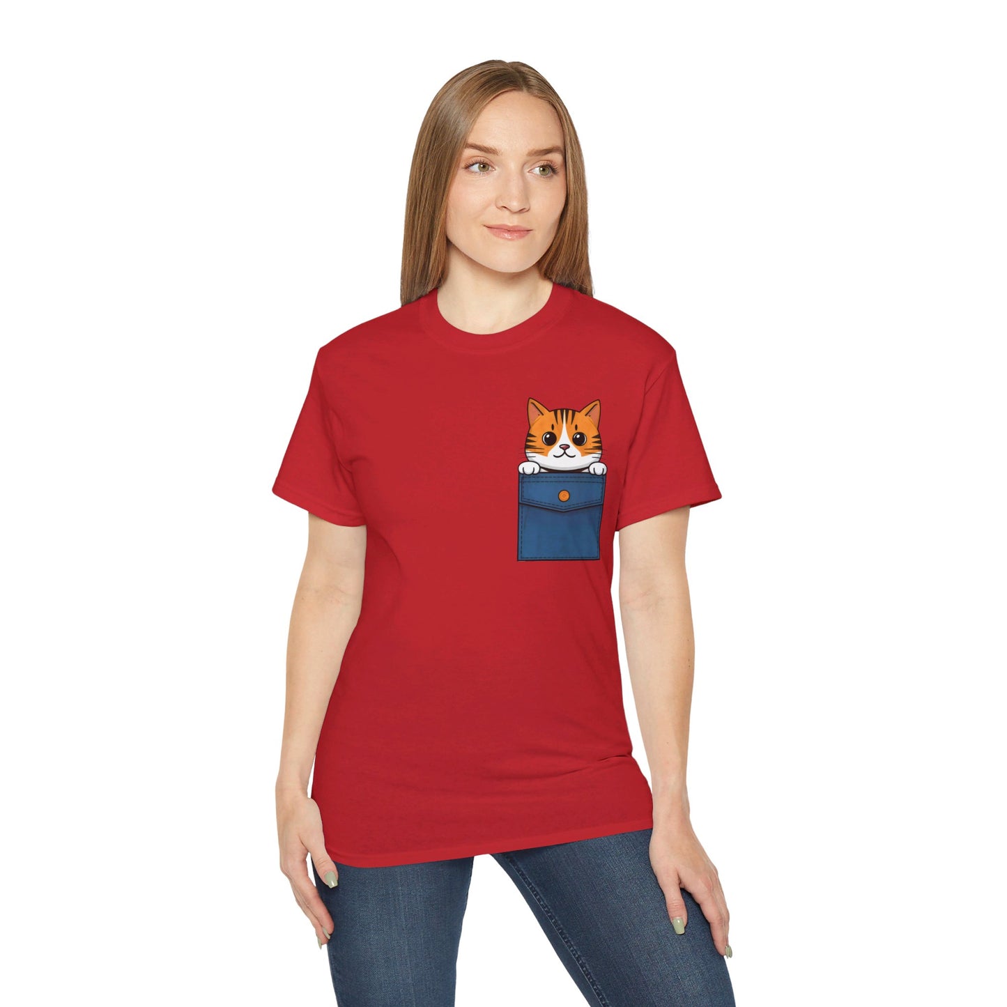 Cute Cartoon Cat in Pocket Unisex Organic T-Shirt