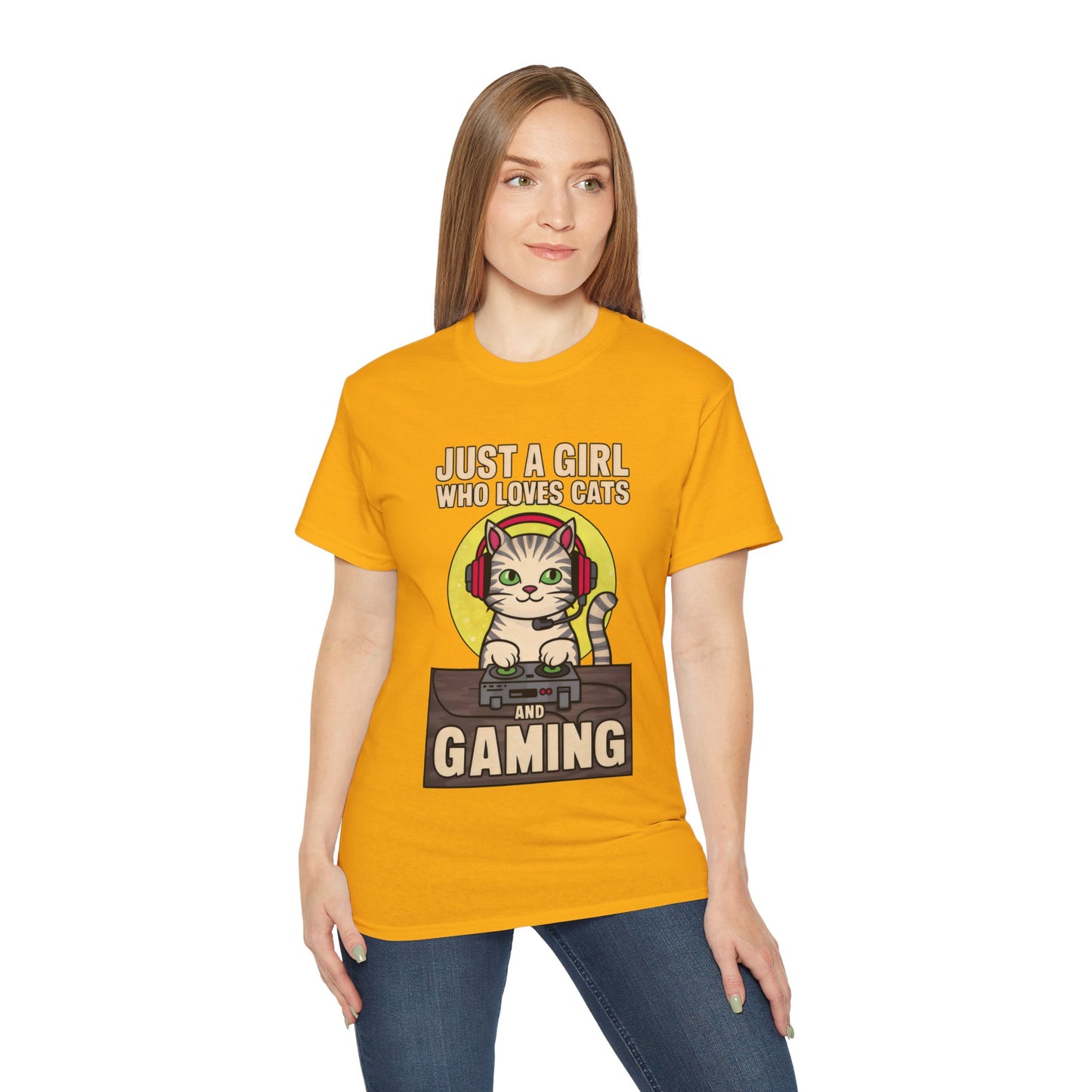 Cute Cartoon Just a Girl Who Loves Cats and Gaming Meme Organic T-Shirt