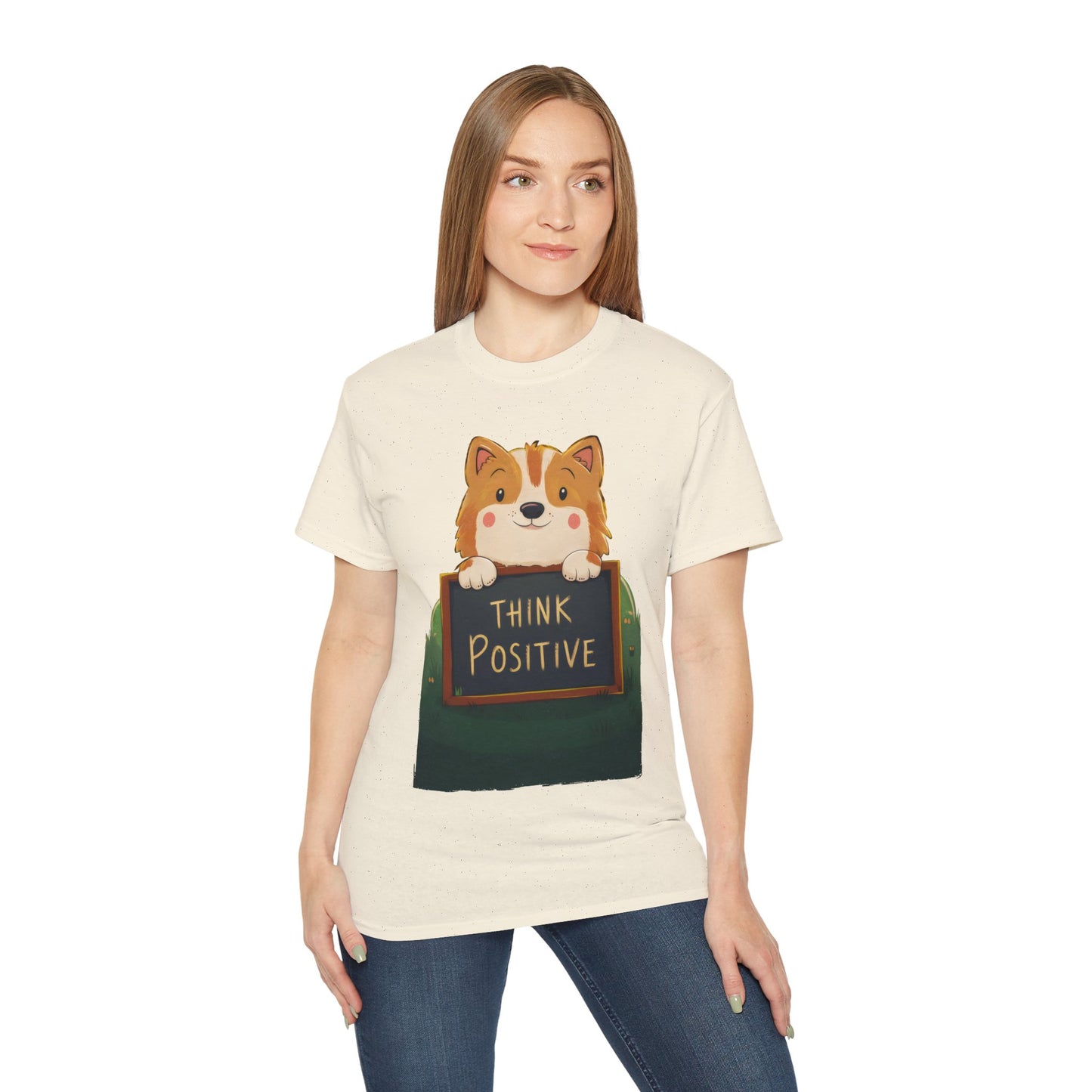 Cute Dog Cartoon Organic T-Shirt - Think Positive Quote