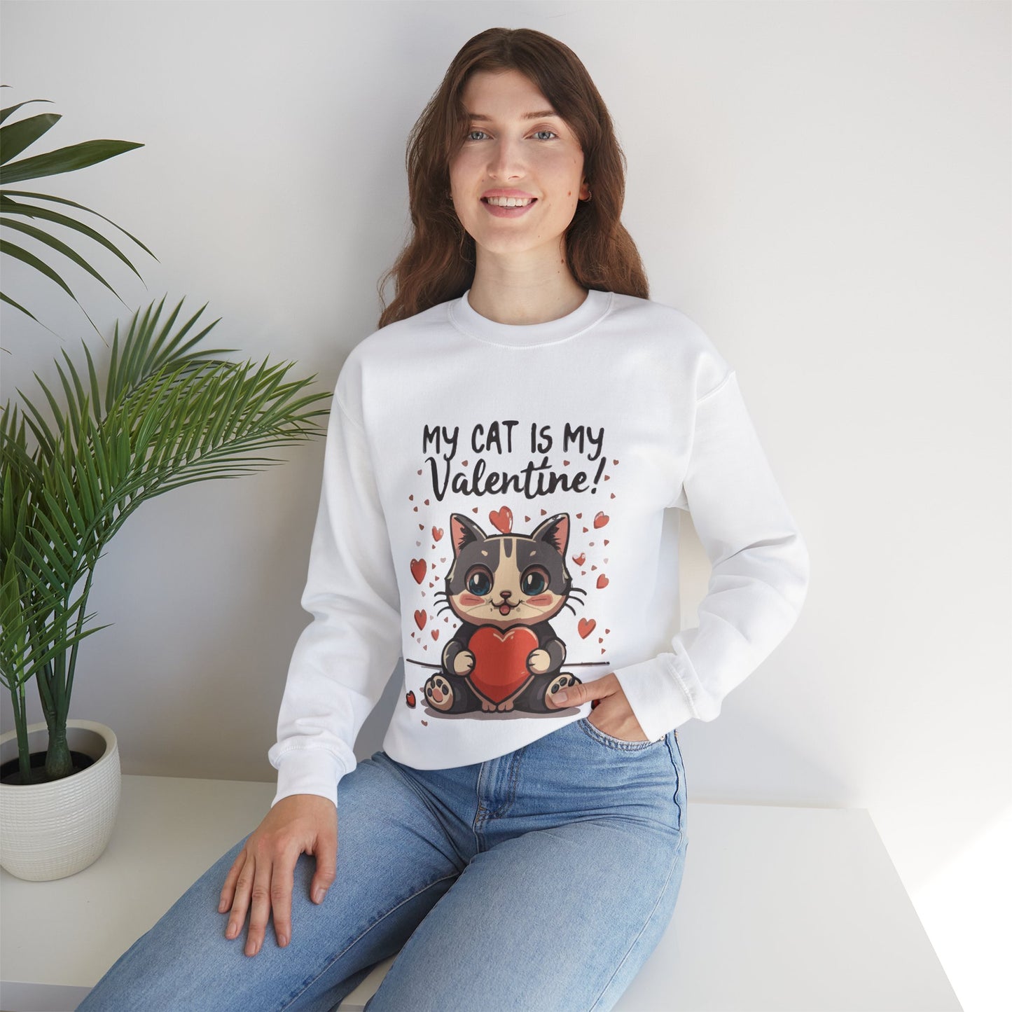 Cute Funny Cat Cartoon My Cat is My Valentine Meme Crewneck Sweatshirt