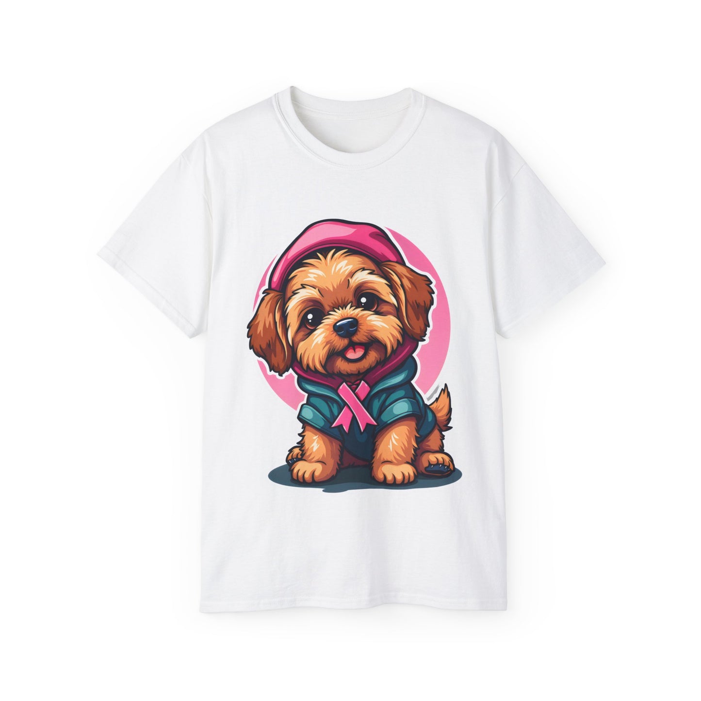 Poodle Dog Cartoon Pink Ribbon Breast Cancer Awareness Unisex Organic T-Shirt