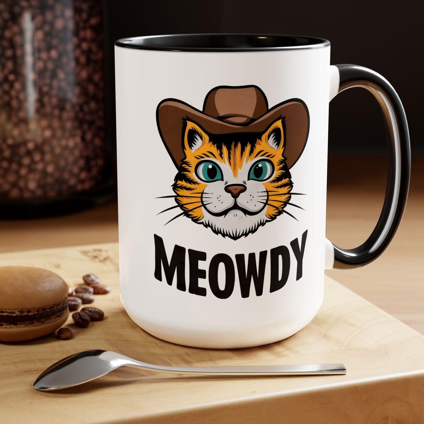 Cute Funny Cat Cartoon Meowdy Meme Two-Tone Coffee Mugs, 15oz