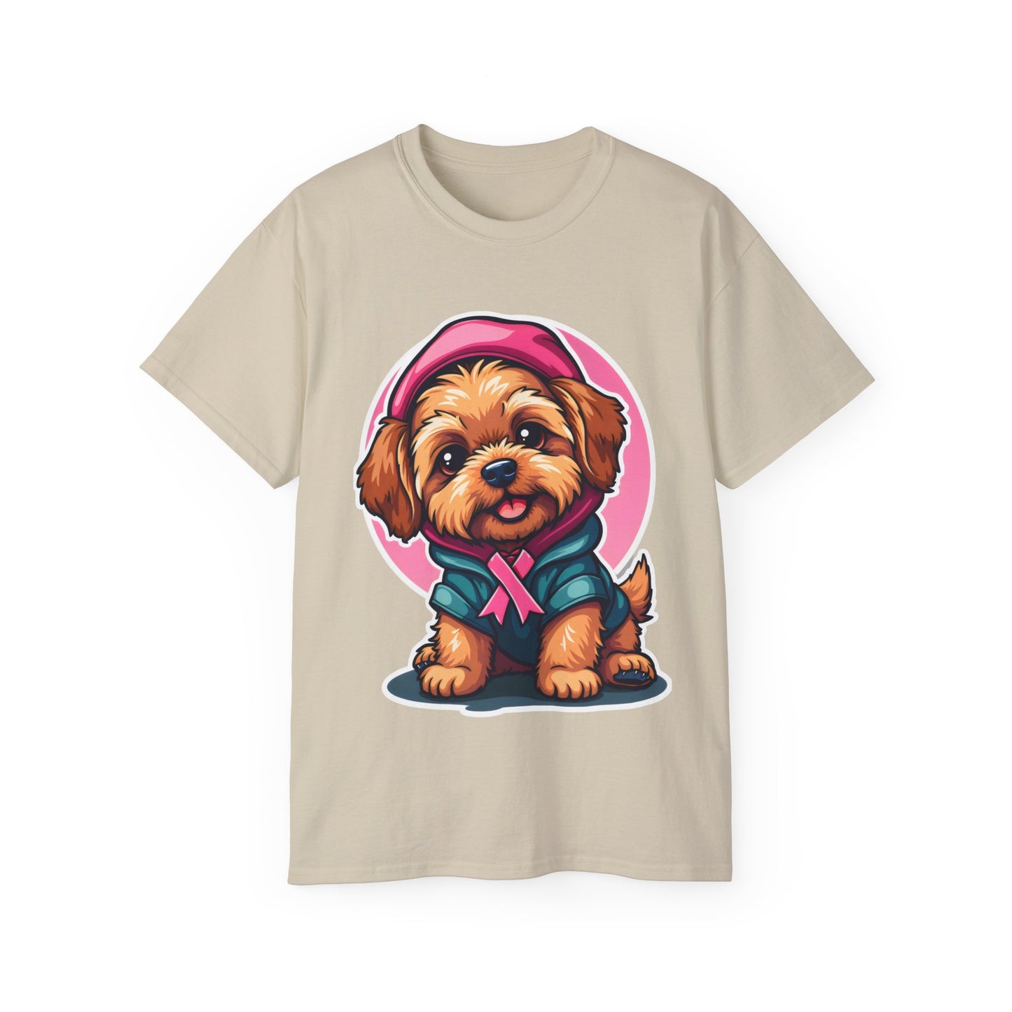 Poodle Dog Cartoon Pink Ribbon Breast Cancer Awareness Unisex Organic T-Shirt