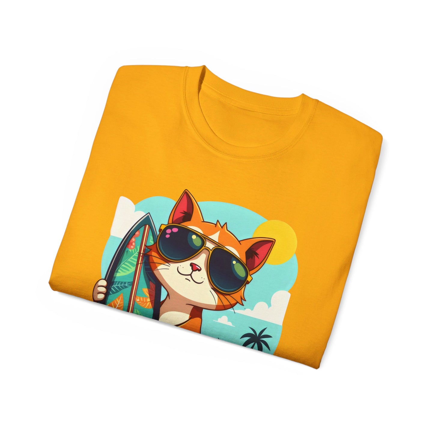 Cute Cat at the Beach Cartoon Unisex Organic T-Shirt