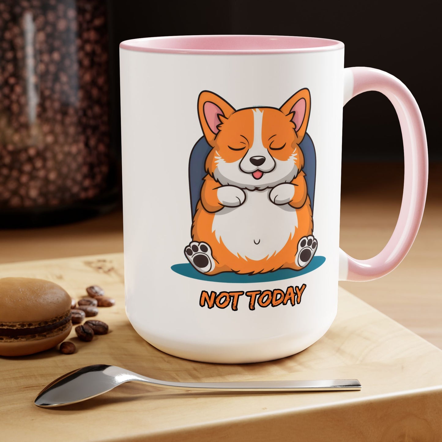 Cute Funny Dog Cartoon Corgi Not Today Meme Two-Tone Coffee Mugs, 15oz