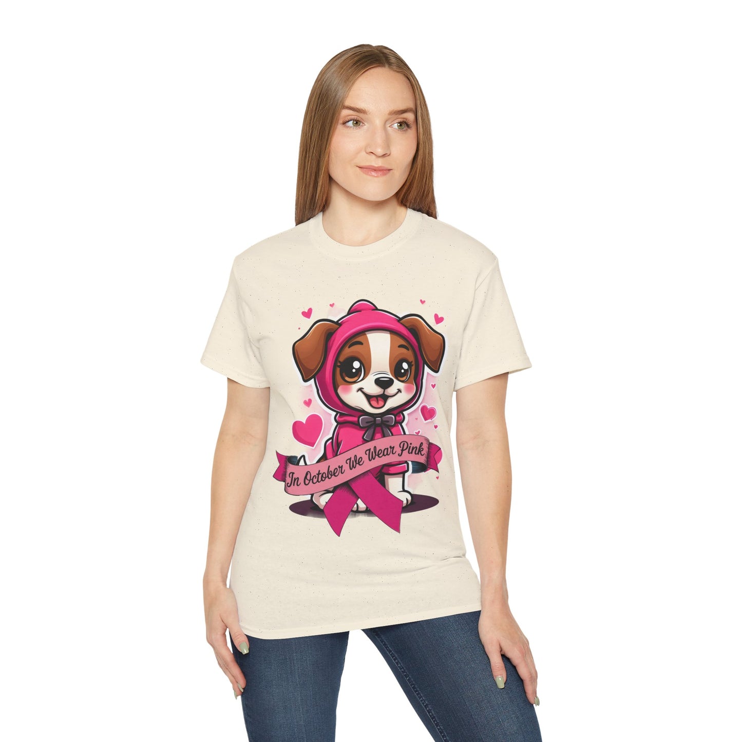 Cute Dog Cartoon In October We Wear Pink Unisex Organic T-Shirt