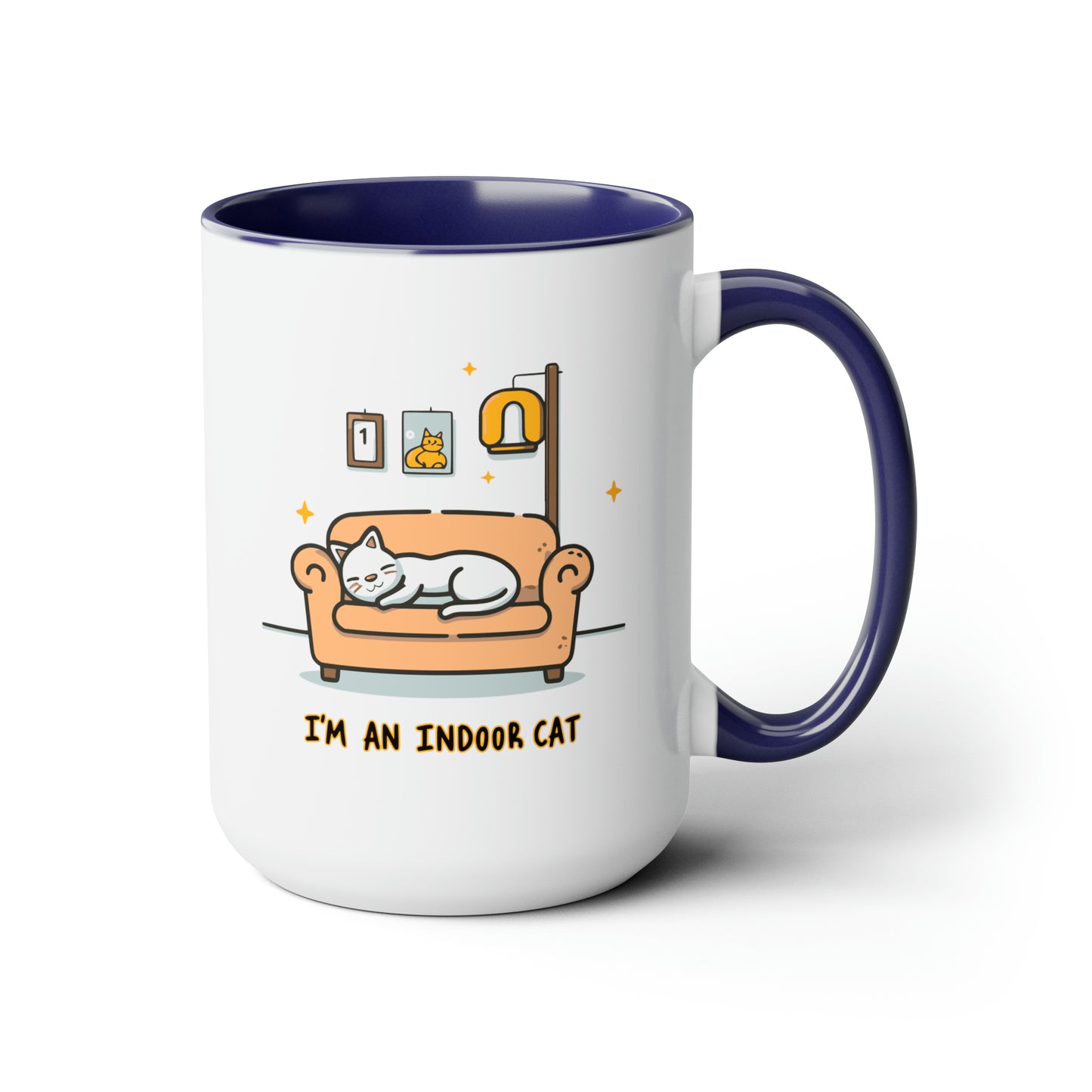 Cute Funny I'm an Indoor Cat Meme Cartoon Two-Tone Coffee Mugs, 15oz