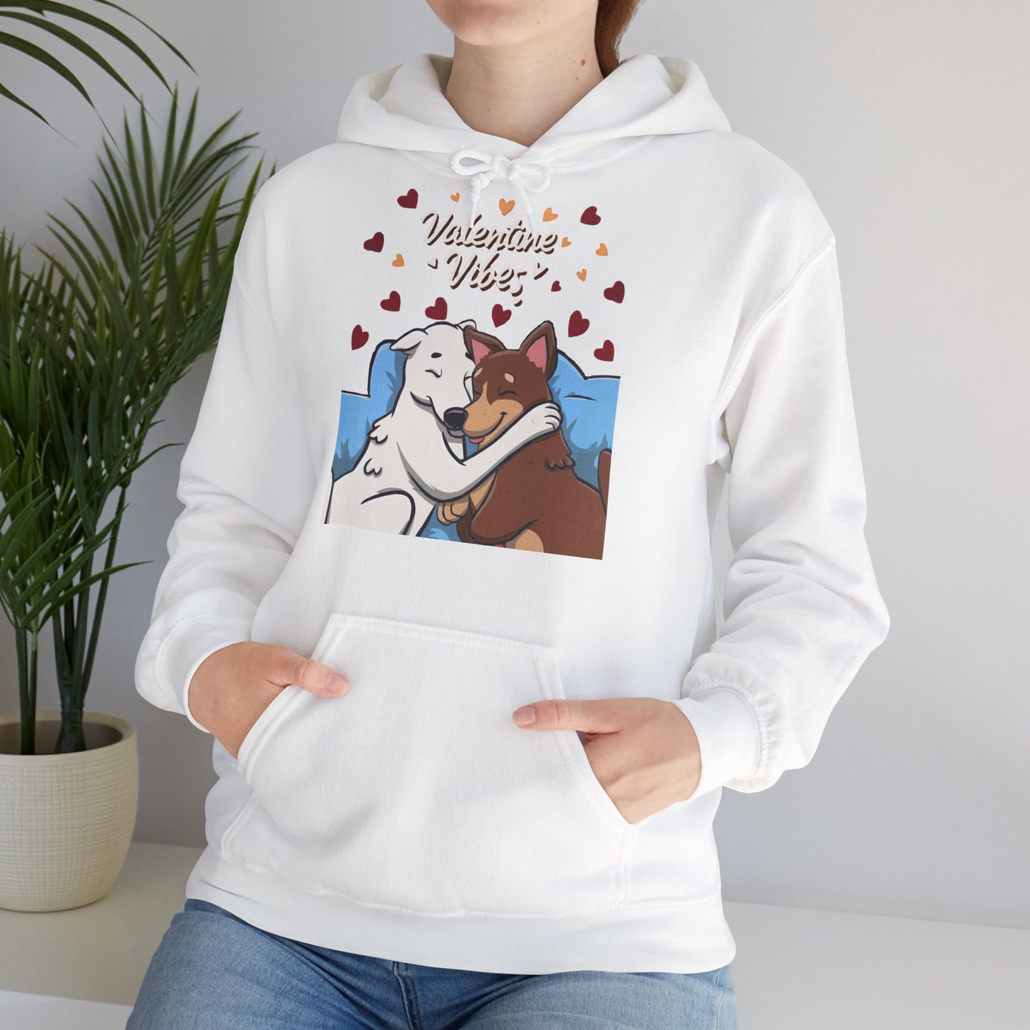 Cute Dog Cartoon Valentine Vibes Unisex Hooded Sweatshirt